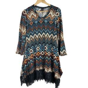 WinWin Tunic Women Sz S/M Colorful Lace Trim Bell Geometric Boho Southwestern